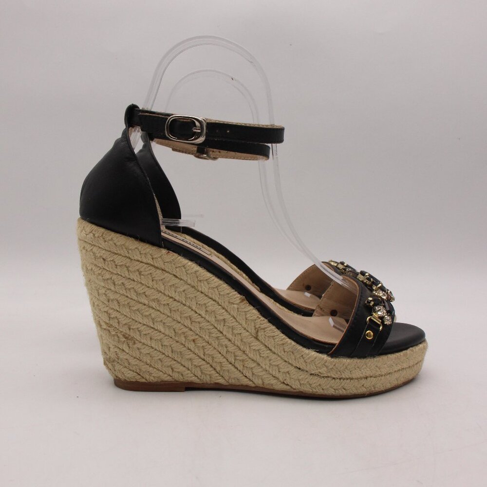 Miu Miu Womens Size EU 36 Wedge Espadrille Sandals Black Buckle Italy